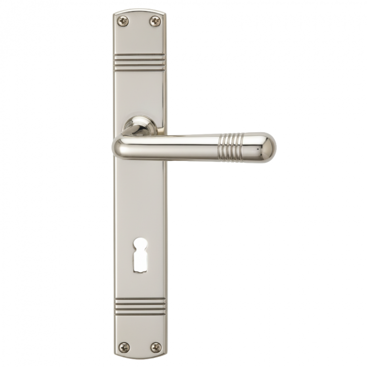 Drücker-Garnitur Langschild ART DECO poliert vernickelt