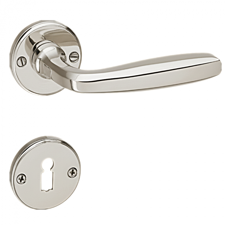 Drücker-Garnitur Rosetten ART DECO Banane poliert vernickelt